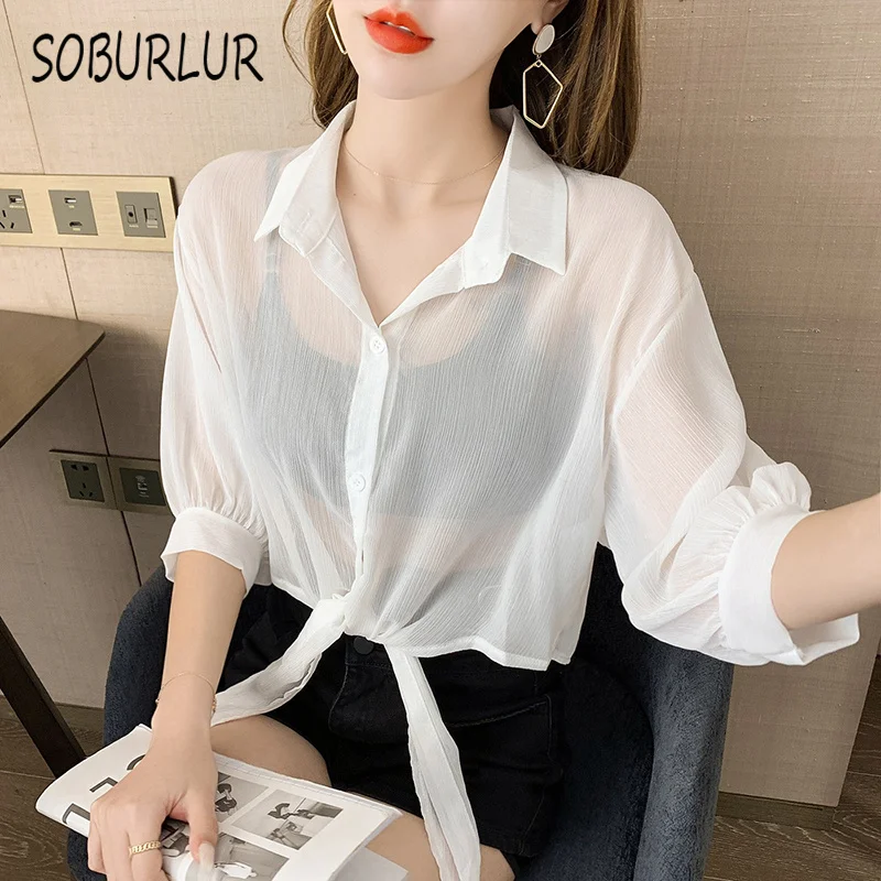 

SOBURLUR 2021 Summer New Solid Color Wild Chiffon Sunscreen Cardigan Basic Blouses Women's Shirt Blousas Women‘s Clothing