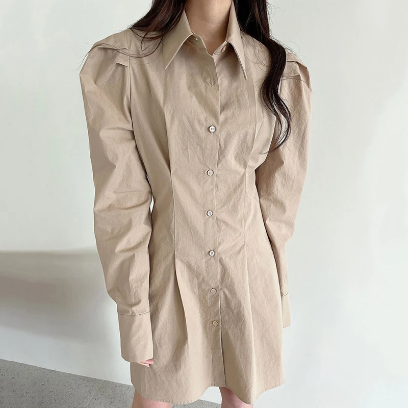 

Kimutomo Casual Solid Shirt Dress Women Korean Chic Turn-down Collar Single Breasted Long Puff Sleeve Slim Dresses Lady Elegant