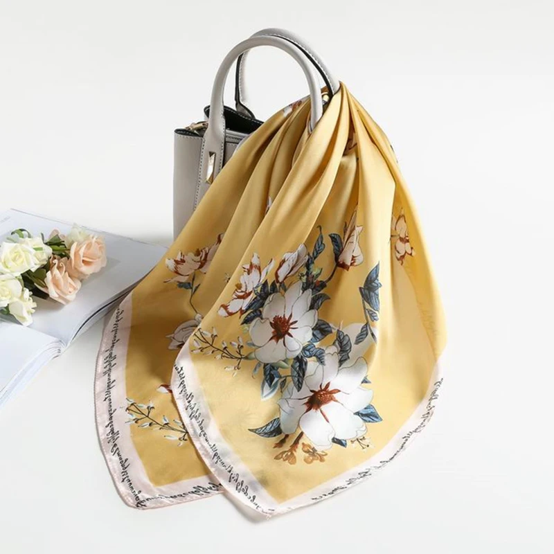 Женская косынка для волос Шелковый атласный шарф с цветочным принтом 70*70 см