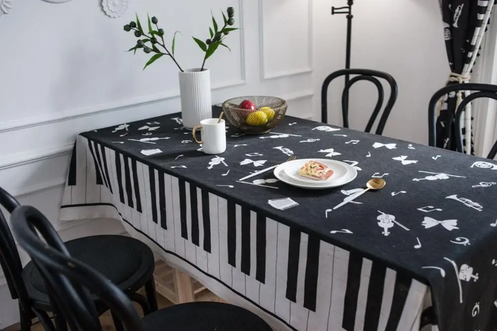 Черно-белая прямоугольная скатерть с принтом пианино из хлопка и льна