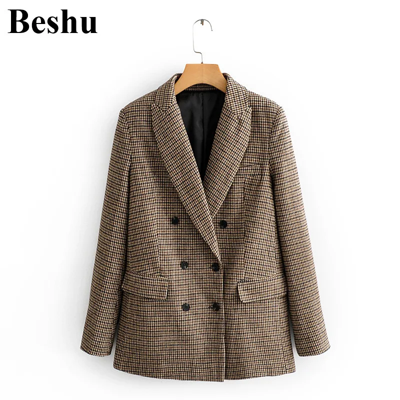 Зимнее пальто ZA с карманами женское повседневное клетчатое длинное шерстяное