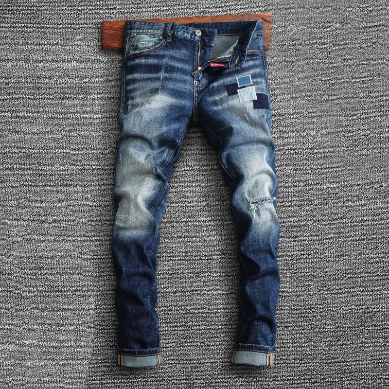 Italian Style Fashion Men Jeans Retro Blue Elastic Slim Fit Ripped Jeans Men Brand Patches Designer Casual Cotton Denim Pants