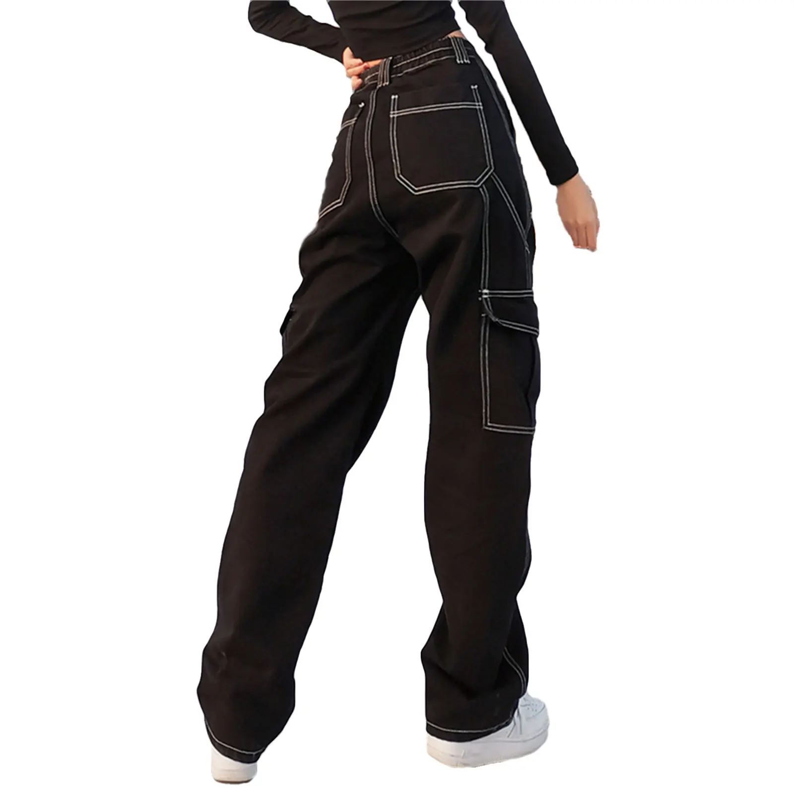

2021 Women Straight Wide Leg Jeans, Trendy Hip Hop Style High Waist Relaxed Fit Denim Pants Pockets Decor Spring Autumn Wear