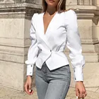 Женская однотонная блузка Feitong с длинным рукавом, сексуальная тонкая рубашка с V-образным вырезом, женские топы с оборками на талии, 2020