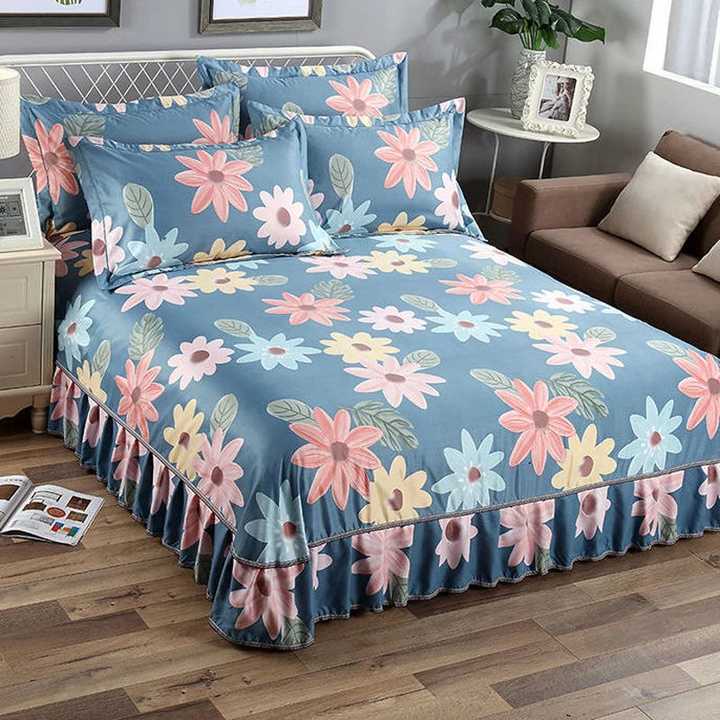 

3pcs Set Thicken Printed Bed Skirt Soft Sanding Dust Proof Bed Skirt King Queen Size Bedspread with 2pcs Pillowcase
