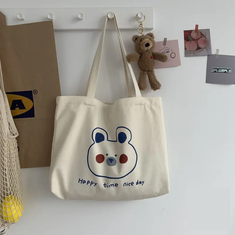 

All-match Large Capacity Ladies Casual Tote Cute Bear Canvas Women Shoulder Bags Girls Student Eco-friendly Shopping Handbags