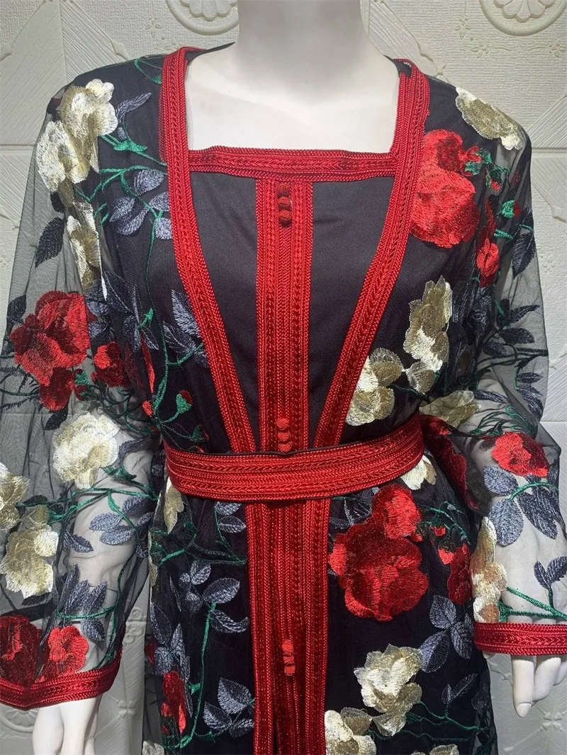 Мусульманская Мода всего тела и вышитой кружевной сетки Абая комплект Дубайский