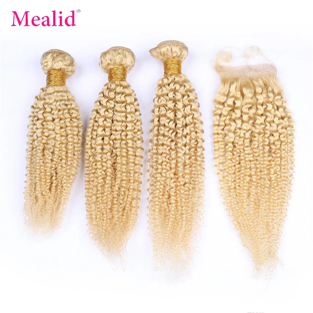 Mealid блонд волосы 3 4 пряди с закрытием Remy 613 бразильские кудрявые вьющиеся