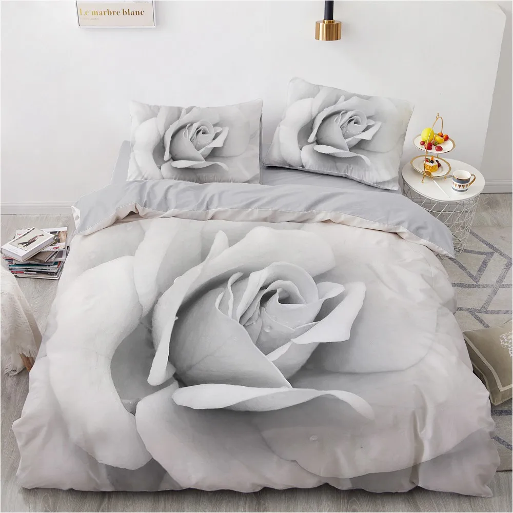 

3D White Quilt Cover Sets Custom Design Rose Comforther Covers Pillow Sham 200*230cm Full Twin Double Size Flower Bedclothes