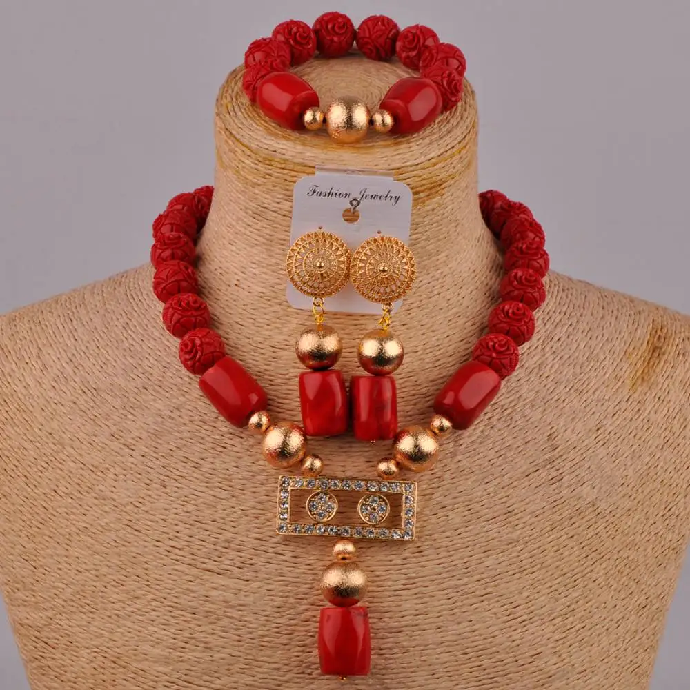 

Simple Nigerian Bride Wedding Dress Accessories African Ladies Wedding Jewelry Pure Natural Red Coral Bead Necklace Set AU-192