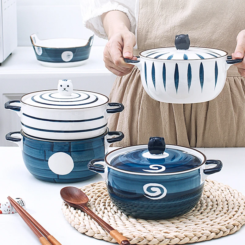 

Ceramic noodle pot with lid, Japanese style, capacity for 1 person, soup, noodles, vegetables, salad bowl TCMW01