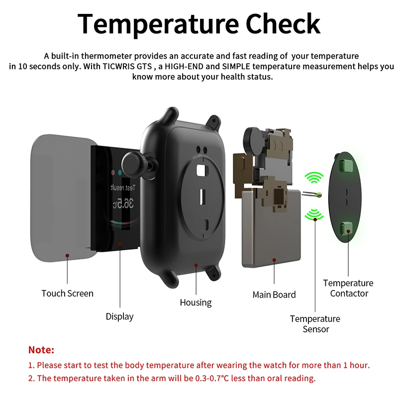 

TICWRIS GTS Body Temperature Check Health Smart Watch Women Men Heart Rate Blood Oxygen Smart Watches IP68 20days Long Standby
