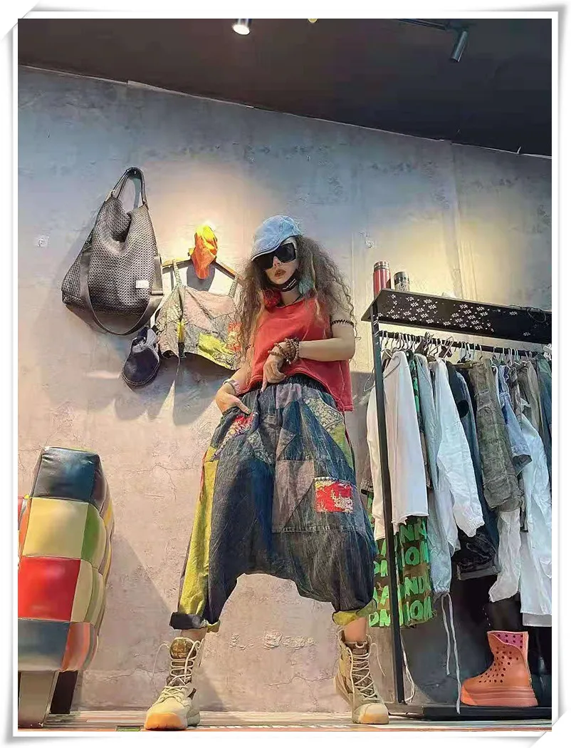 

QING MO Women Denim Pants 2021 Women Floral Printed Pants Female High Waist Cross Pants Fashionable Bottom ZQY6995