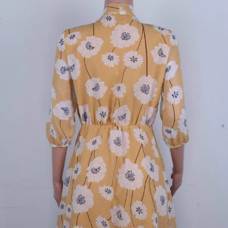 

Vintage Women Printing Wear A Tie Sexy Dress Elegant High Waist Lady Dress Half Sleeve Spring Summer Fresh and Sweet Mini Dress