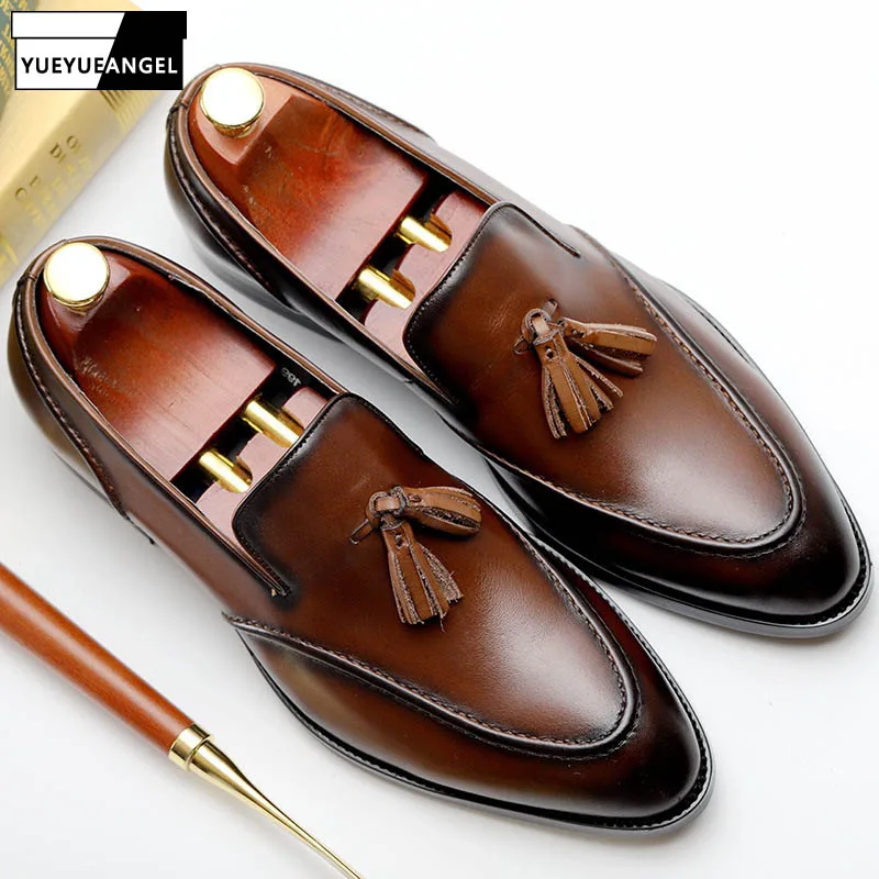 

Spring Men 100% Real Leather Business Dress Suit Shoes Pointe Shoes Brand Italian Leather Black/Brown Tassel Wedding Shoes
