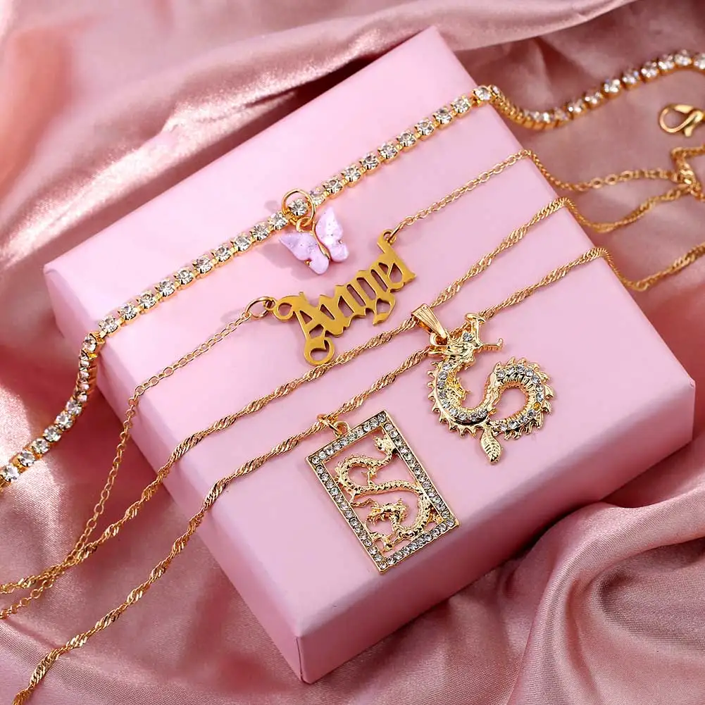 

5PCS Punk Golden Angel Letter Clavicle Chain Hiphop Gifts Jewelry New Multi Layer Butterfly Dragon Charms Crystal Necklaces For