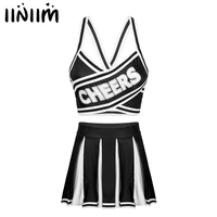women adults japanese cheerleader gleeing schoolgirl costume uniform elastic striped back cross crop top with pleated skirt