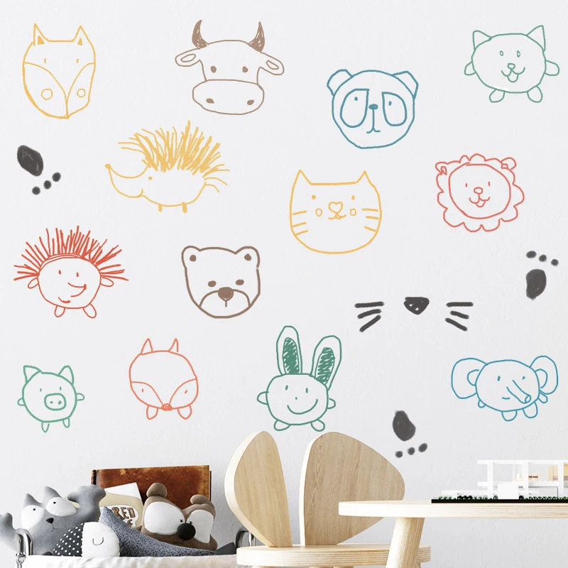 

Removable Cute Animal Avatar Paintings On The Wall Stickers Ornaments For Home Decoration Room Decor Kids Bedroom Wardrobe Decal
