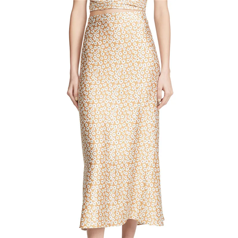 Модная женская юбка миди с цветочным принтом высокой талией прямая на молнии