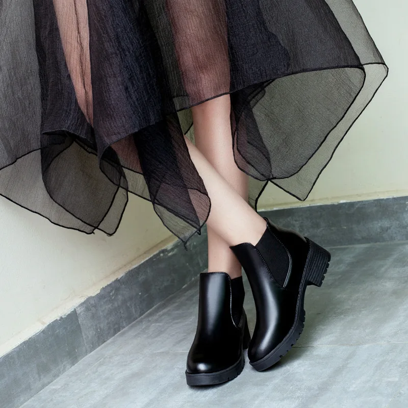 Fashion Women Ankle Boots Round Head Thick Bottom PU leather Waterproof Woman Snow Boots Black Platform Boots Women Footwear