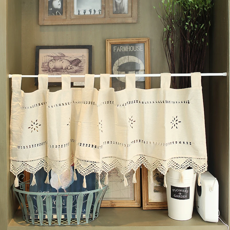 

Ретро американская сельская хлопковая льняная ткань, модная Короткая занавеска с кисточками для бара, кухни и двери