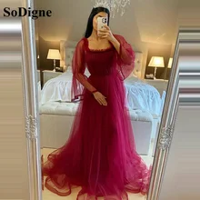 Sodigne roxo tule maxi vestidos de baile plissado puff mangas a linha vestidos de festa de casamento feminino vestidos de noite formais (4)