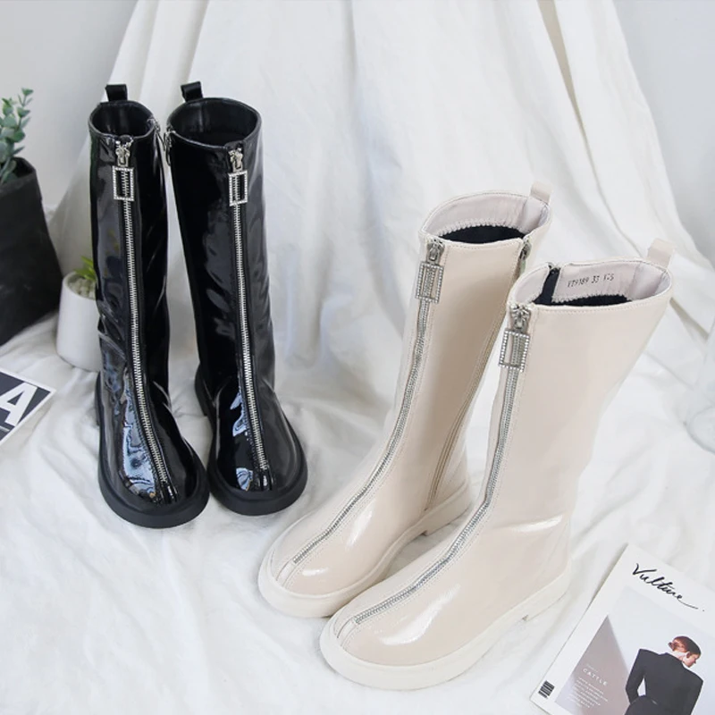 Kids Patent Leather Boots Mid-calf Fashion Flat Spring Winter Dress Shoes Bright Color Girls British Style Retro Footwear |