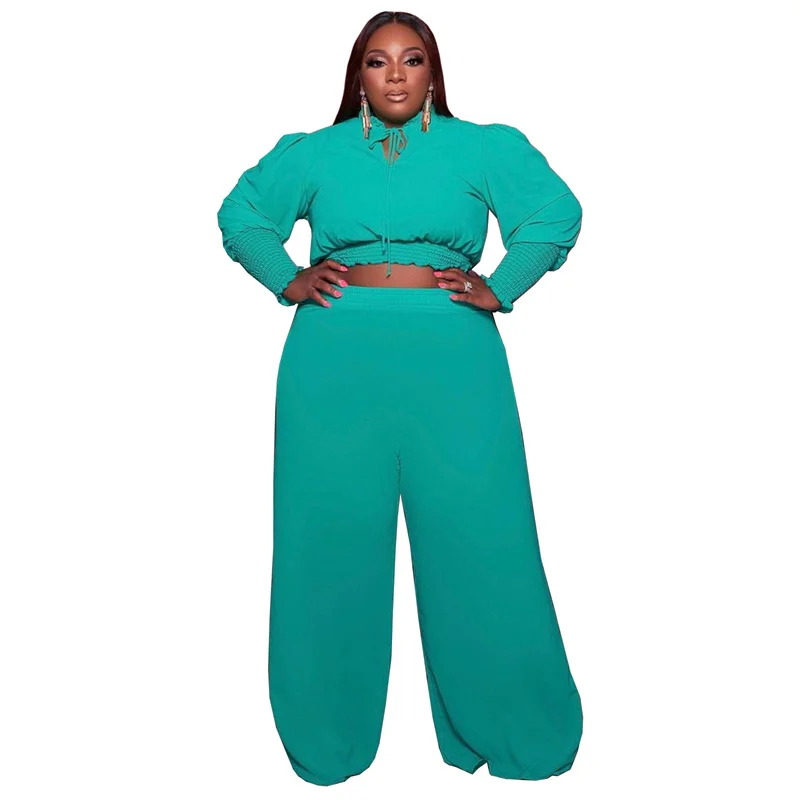 

Solid Color Casual Two Piece Set Women Plus Size Clothing Long Sleeve Pullover Crop Top Wide Leg Pants Suit New Tracksuit Outfit