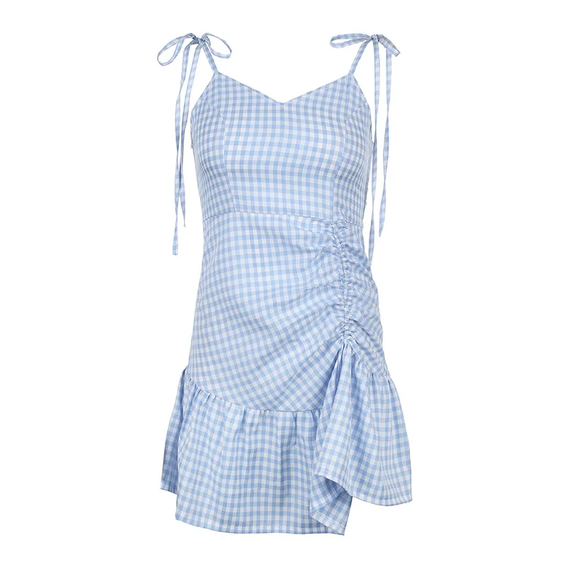 

Plaid Print Summer Dress Casual Ruched Ruffles Straps Irregular Ruffle Dress Sundress Office Bandage Ladies Dress JS0246