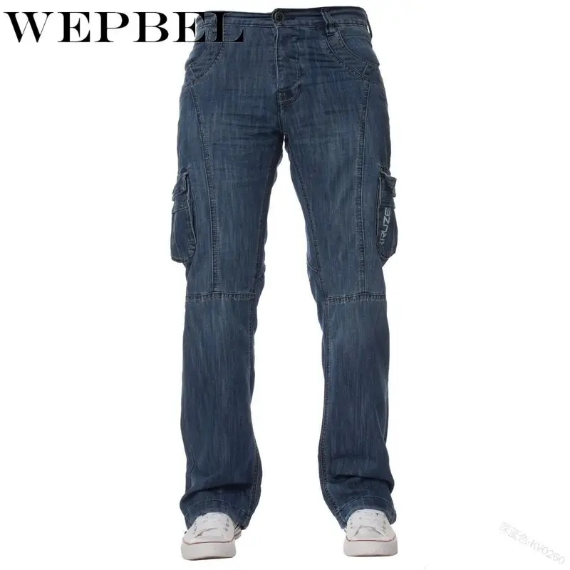 

WEPBEL High Quality Plus Size New Men's Fashion Denim Designer Washed Denim Long Pants with Pocket Jogger Cargo Jeans