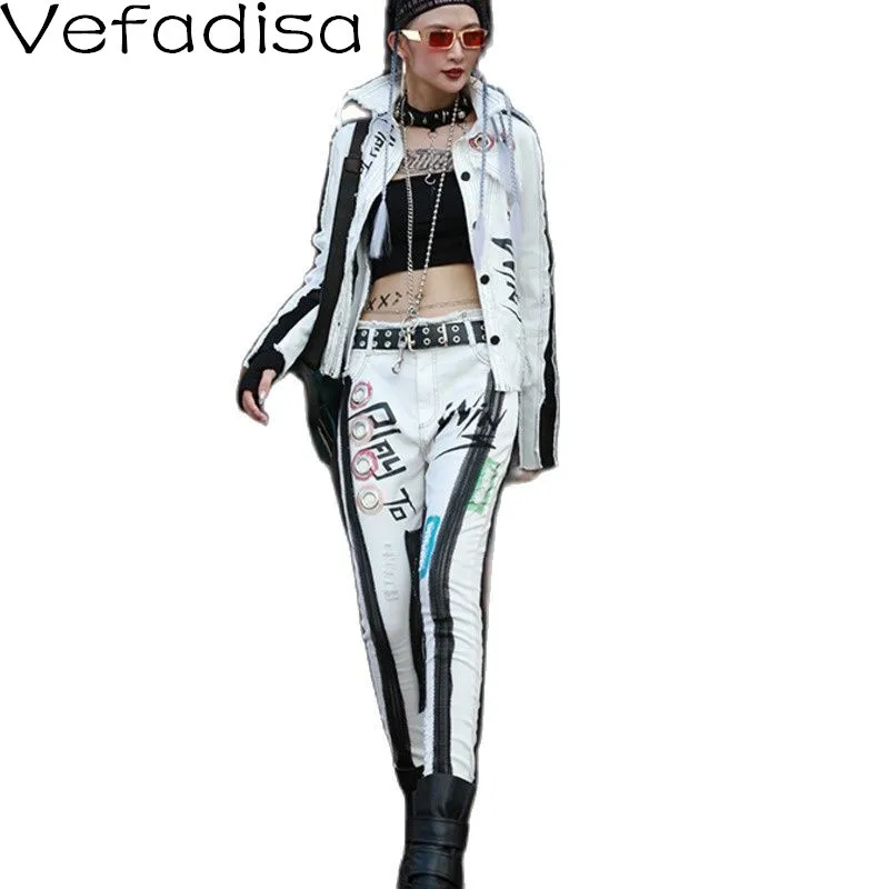

Vefadisa White Slim Streetwear Women Denim Set 2021 Autumn Mesh Patchwork Denim Coat + Letter Print Pencil Pants QYF6371