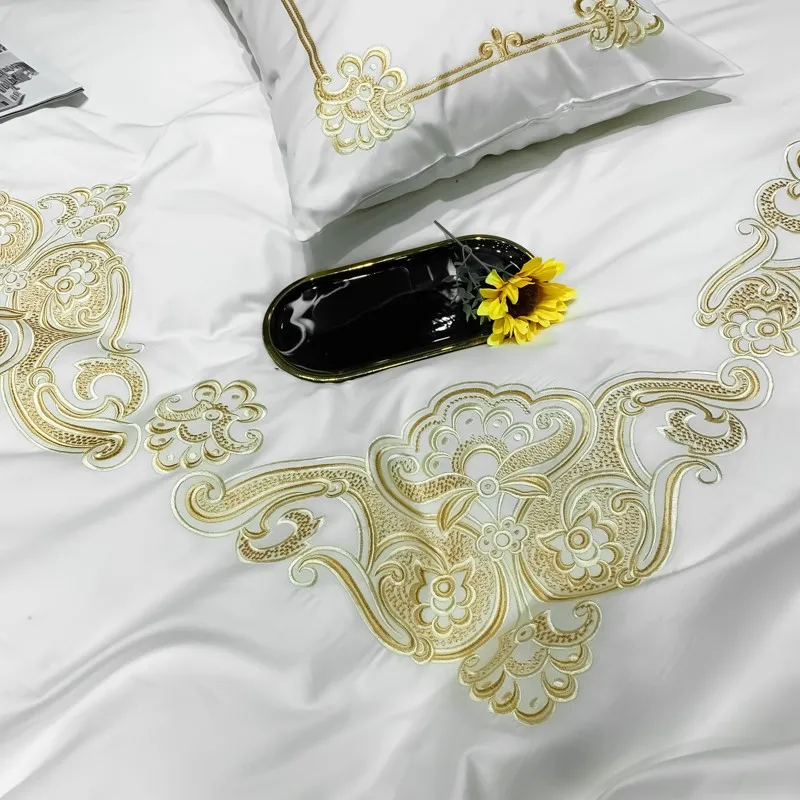 

Chic Embroidery Duvet cover set White Blue 100%Nature Cotton Luxury Bedding set 1 Quilt cover 1 Bed Sheet and 2 pillowcases