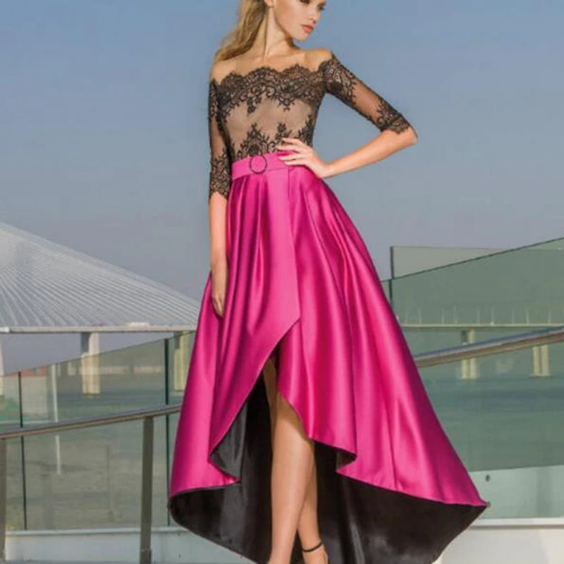 

Preety Girl Rose Red High Low Satin Dresses For Women Asymmetrical Zipper Style Floor Length Prom Party Long Gowns Free Shipping