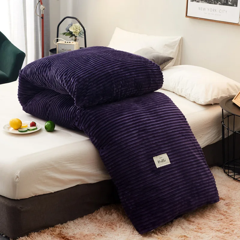

Home Textile Winter Comforter Magic Fleece Quilt Stripe Thicken Warm Duvet Flannel Fleece Bedding Modern Style Green Grey Duvets