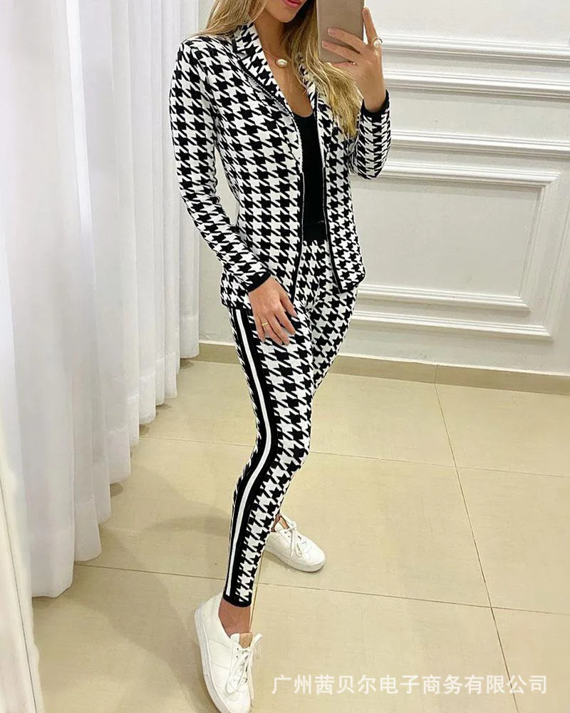

Set Woman 2 Pieces 2021 Autumn Fashion New Long Sleeve Houndstooth Coat + Small Feet Slim Trousers Suit Casual Office Lady Sets