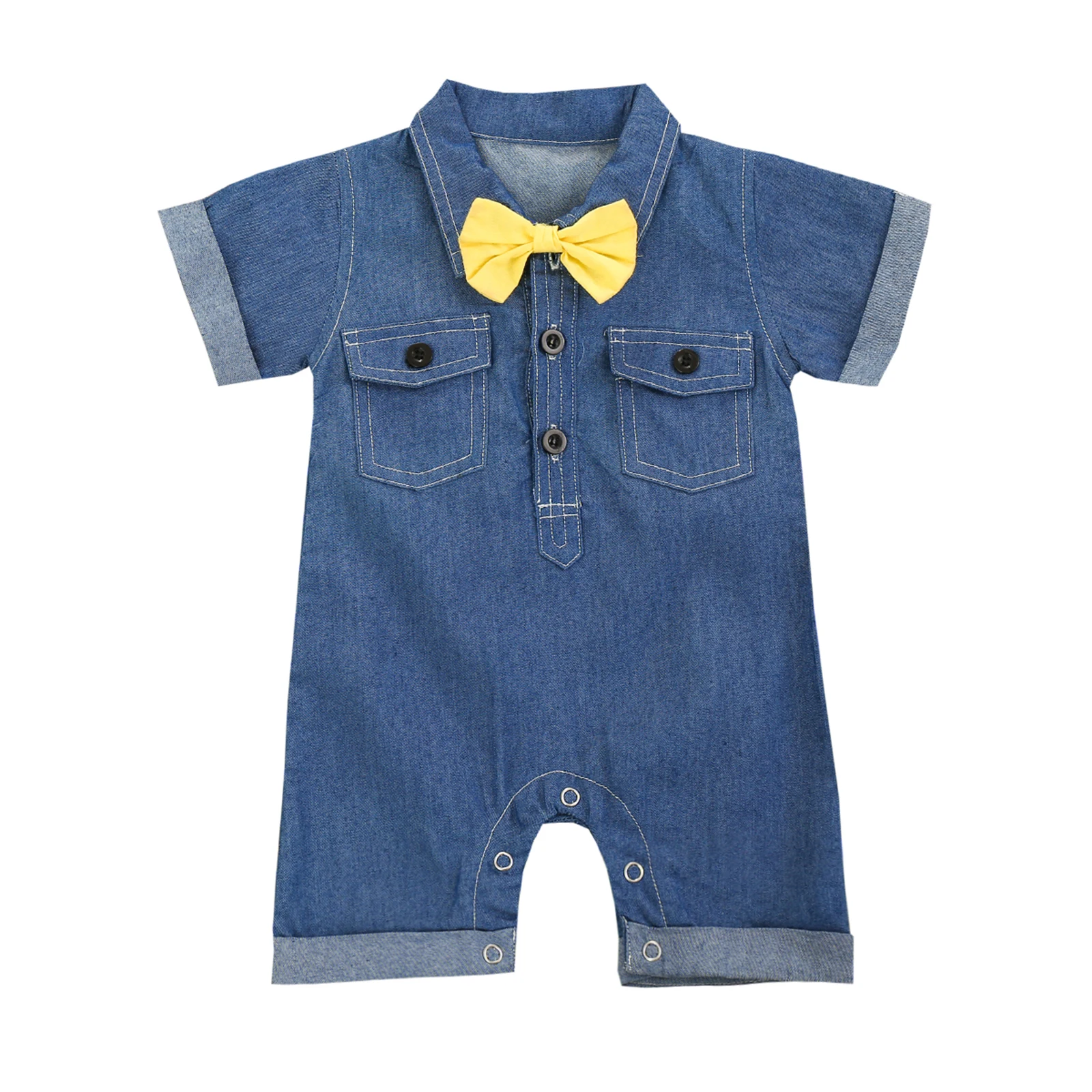 

Baby Boy 0-24M Romper Kids Blue Turn-Down Collar Short Sleeve Jumpsuit with Yellow Bow-Tie for Summer Fall 0-24 Months