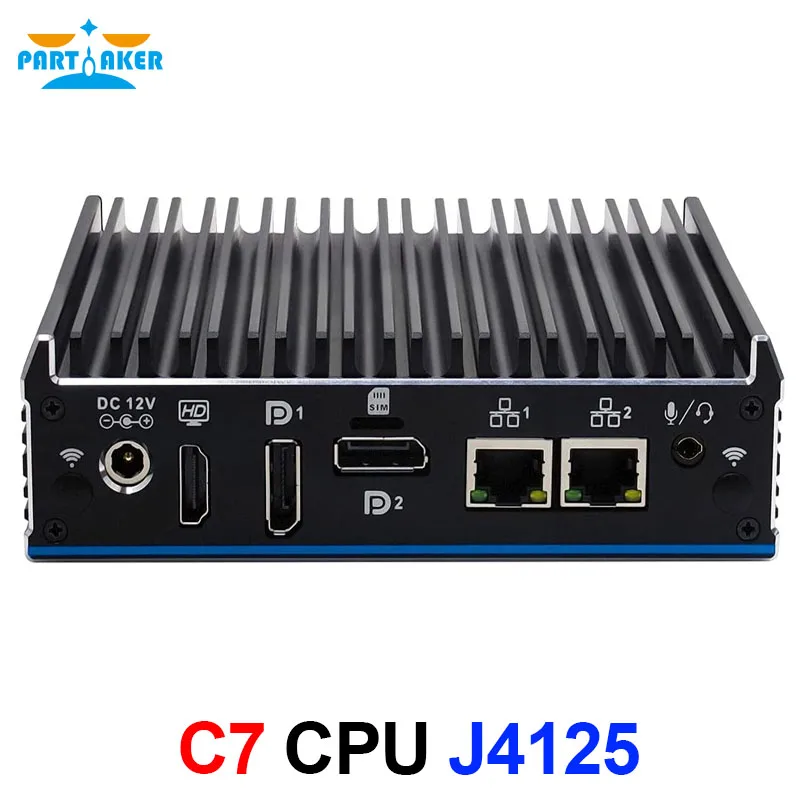 Partaker Fanless Mini PC Small Desktop Computer NUC Intel Celeron J4125 Quad Core 1xHD-MI 2xDP 2xLan 6xUSB 1xCOM Windows 10 Pro