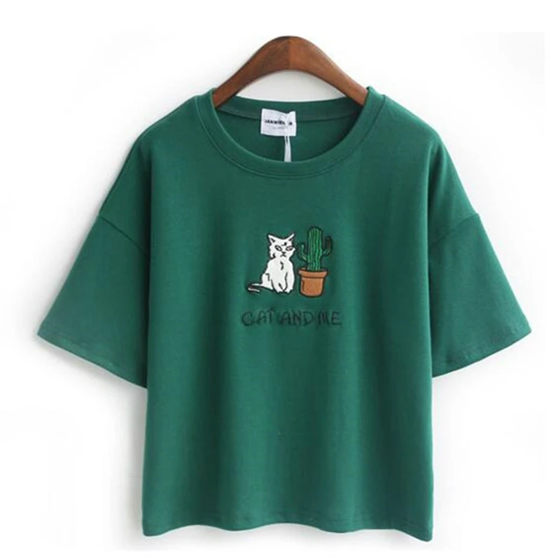 

Cactus Cat Embroidery Women Harajuku T Shirts 2021 Summer Short Sleeve O-neck Korean Fashion Cotton Tees Shirt Kawaii Cute Tops