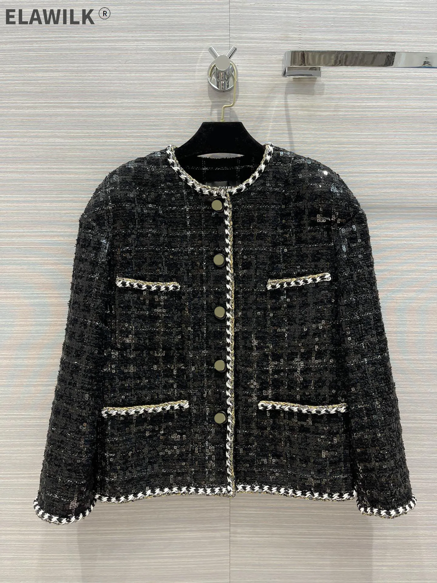 

High-end Hand Woven Jacket for Women Autumn 2021 Luxury Brand O-neck Single Breasted Loose Jacket Multi Pocket Tweed Jacket Lady