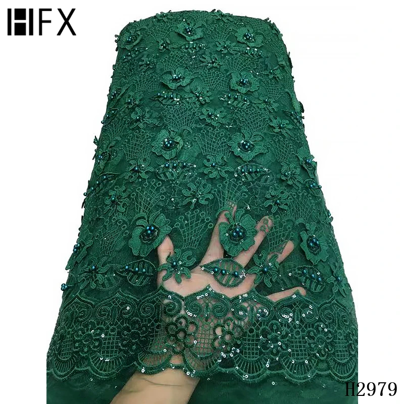 HFX африканская кружевная ткань 3D Цветочный Тюль фиолетовая вышивка бисером с