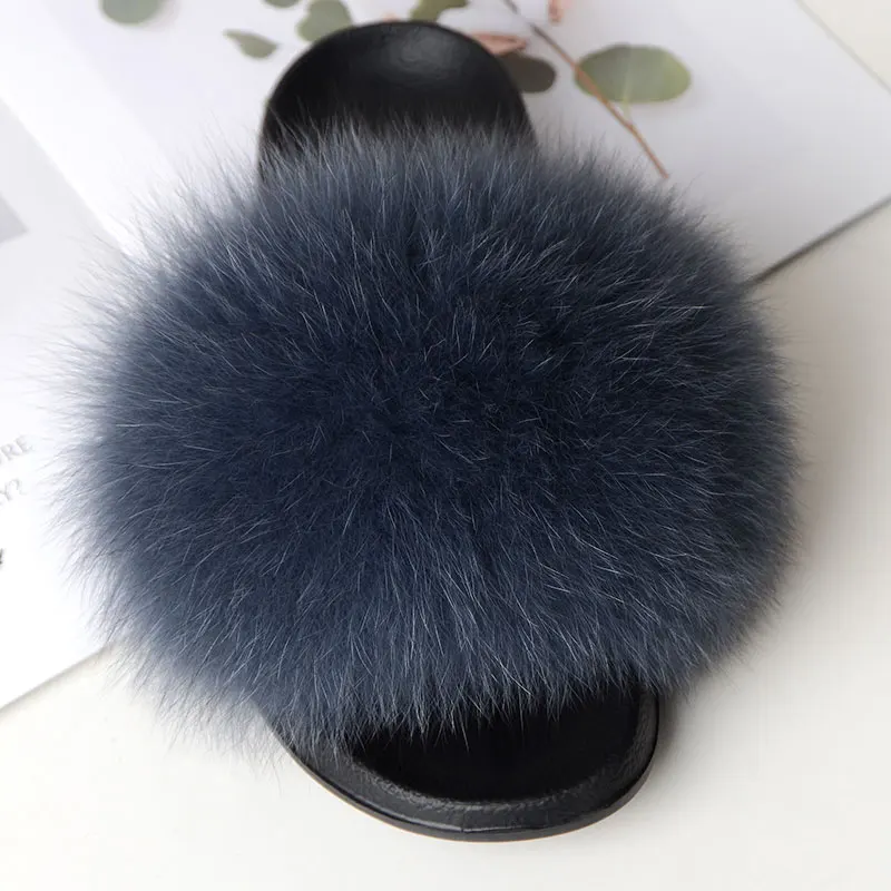 

Women Summer Casual Fluffy Slippers With Fur Flat Non-Slip Real Fox Fur Furry Slides Large Size Shoes Fur Sandals