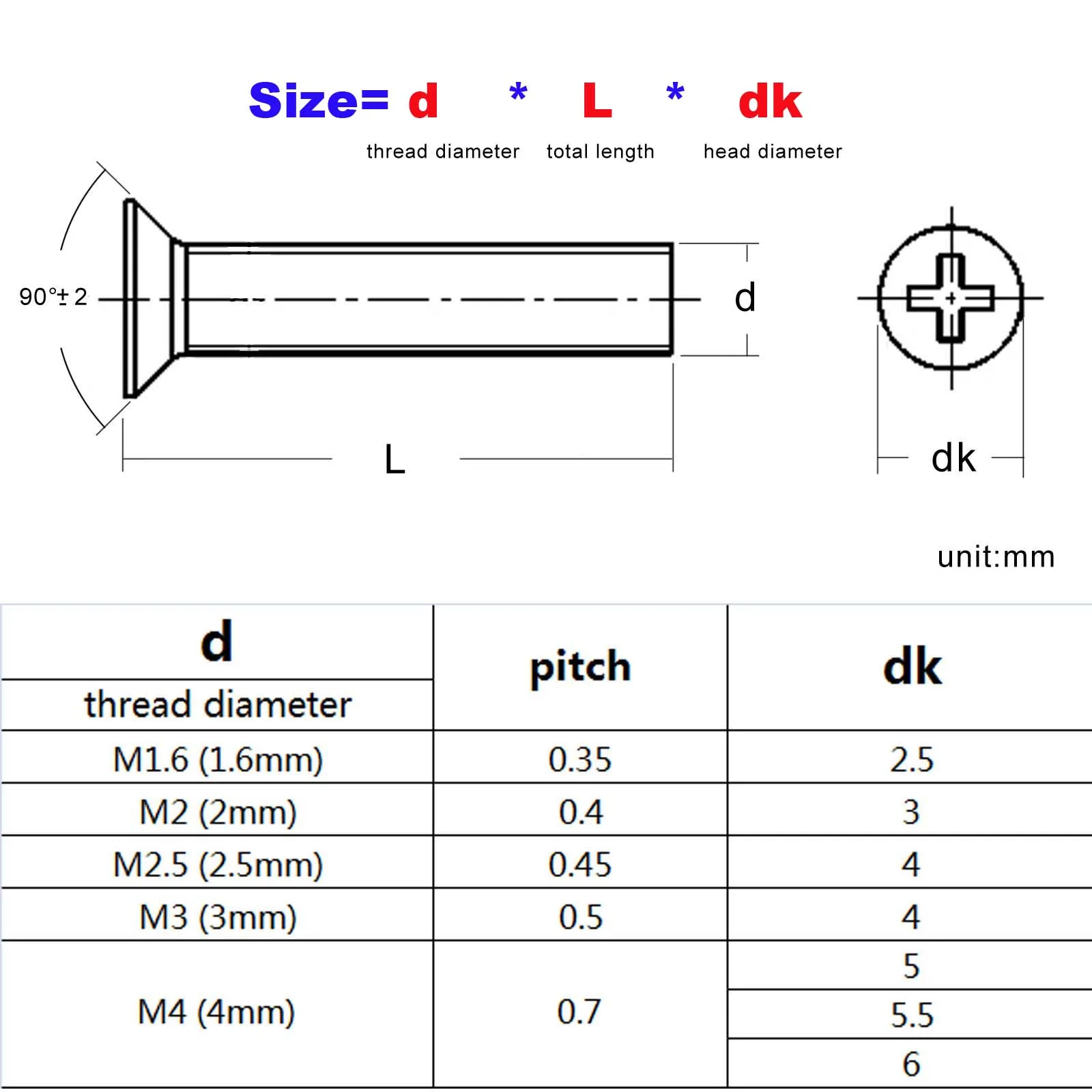 50pcs M1.6 M2 M2.5 M3 M4 304 A2 Stainless Steel Nonstandard Small Head Cross Recessed Phillips Flat Countersunk Bolts Screw |