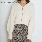 Новый простой милый свободный женский кардиган Kuzuwata, весна 2022, однобортное вязаное пальто с V-образным вырезом, повседневные однотонные дизайнерские свитера