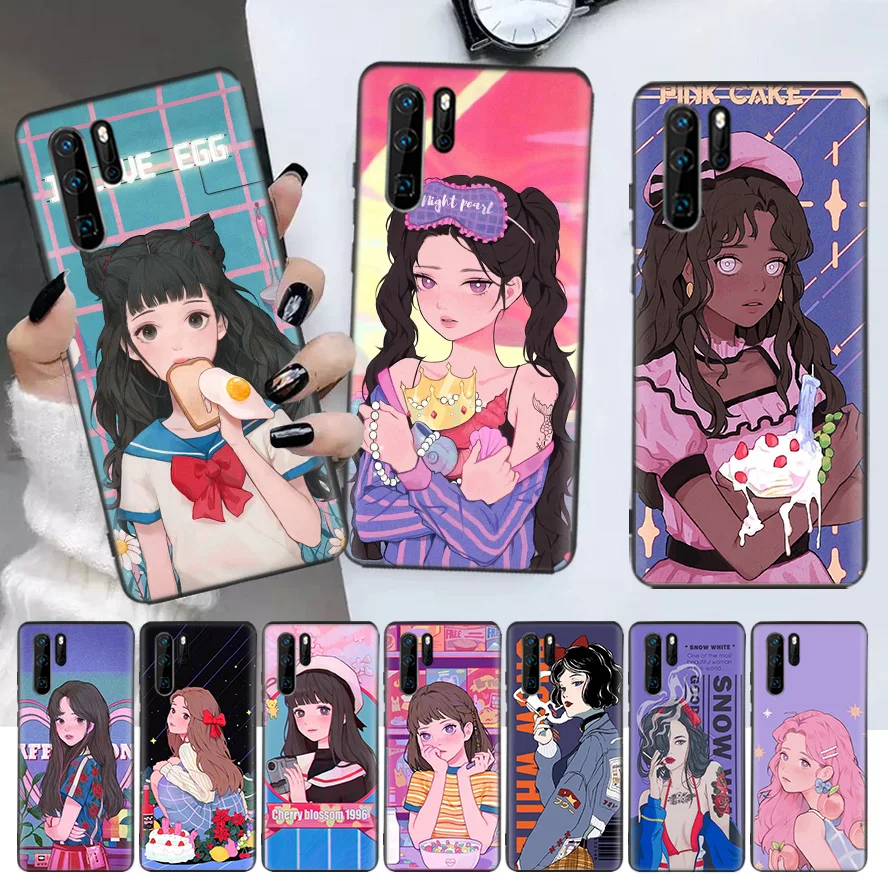 

INS Kawaii Japanese Anime illustration Girl Black Phone Case For Huawei P30 Lite P20 Pro P40 P10 Mate 20 40 30 10 P Smart Z Plus