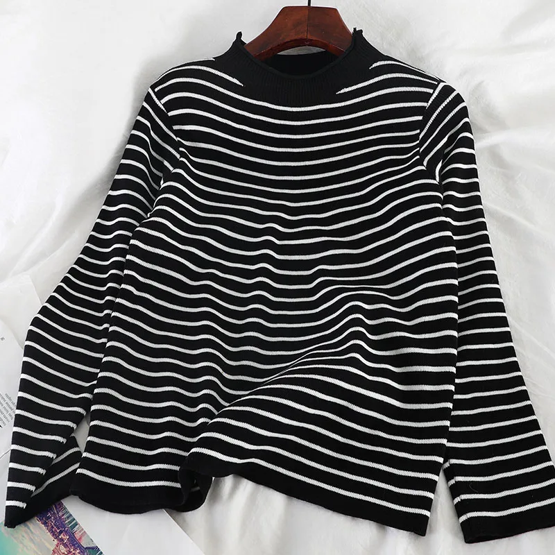 

NEW Sweaters Women Knitting Striped Student Elegant Loose All-match Turtleneck Daily Soft Korean Style Vintage Womens Clothing N
