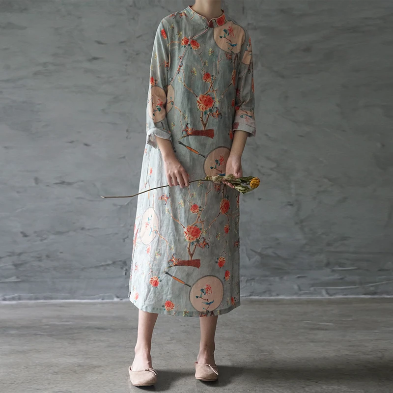 Осеннее модное ретро хлопковое белье цветочный принт стенд пластины платья с