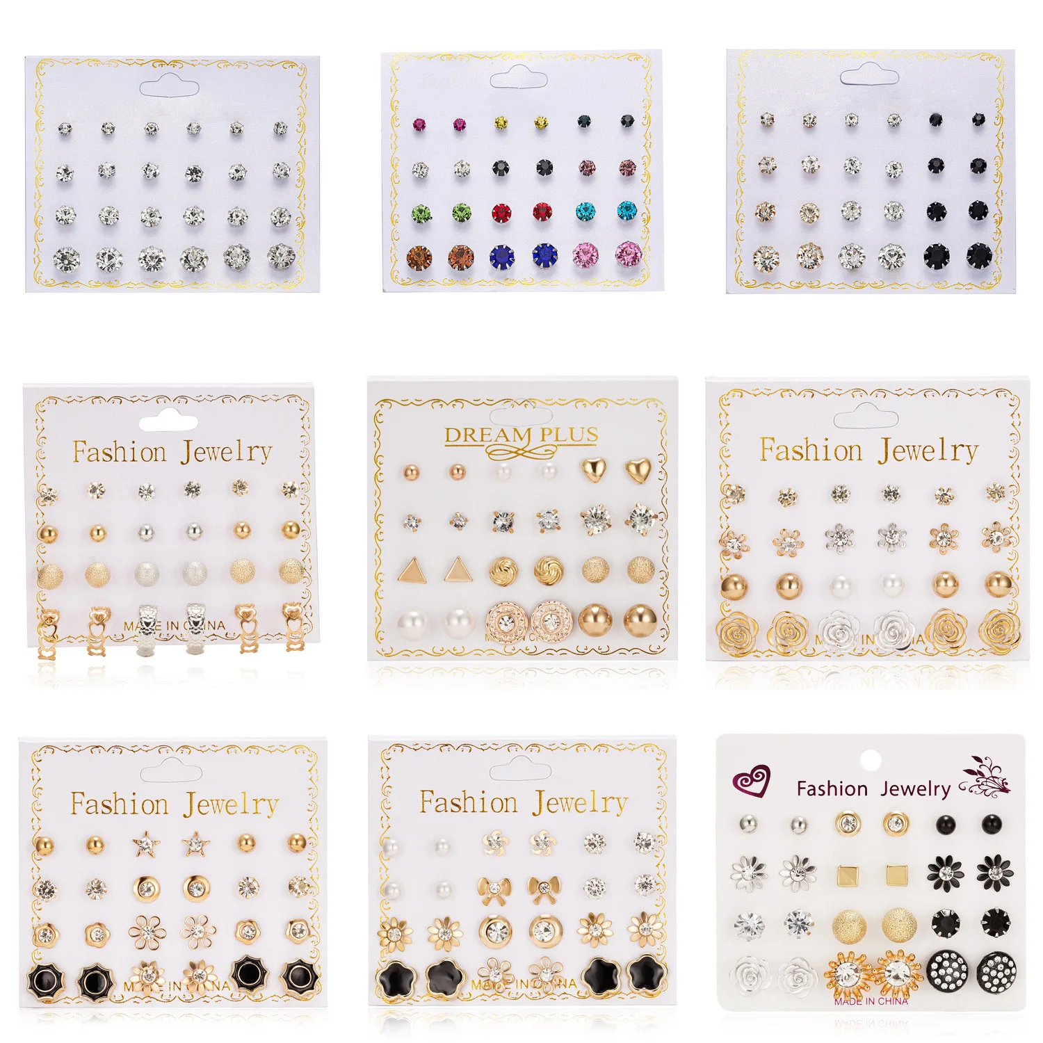 

AliExpress Popular New Style Paper Card Zircon Earring Versitile 12 Pairs Pearl Flower Bow Card Earrings Female