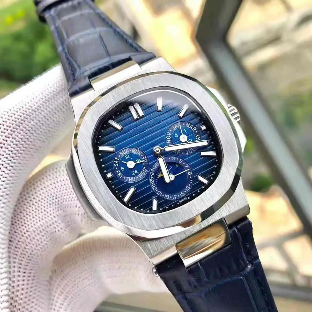 

Black Blue Leather Moonphase 40mm stainless steel dial leather strap automatic mechanical Sapphire Glass Back men's watch