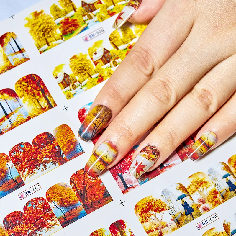 Наклейки для дизайна ногтей с изображением четырех лилий и осенних листьев