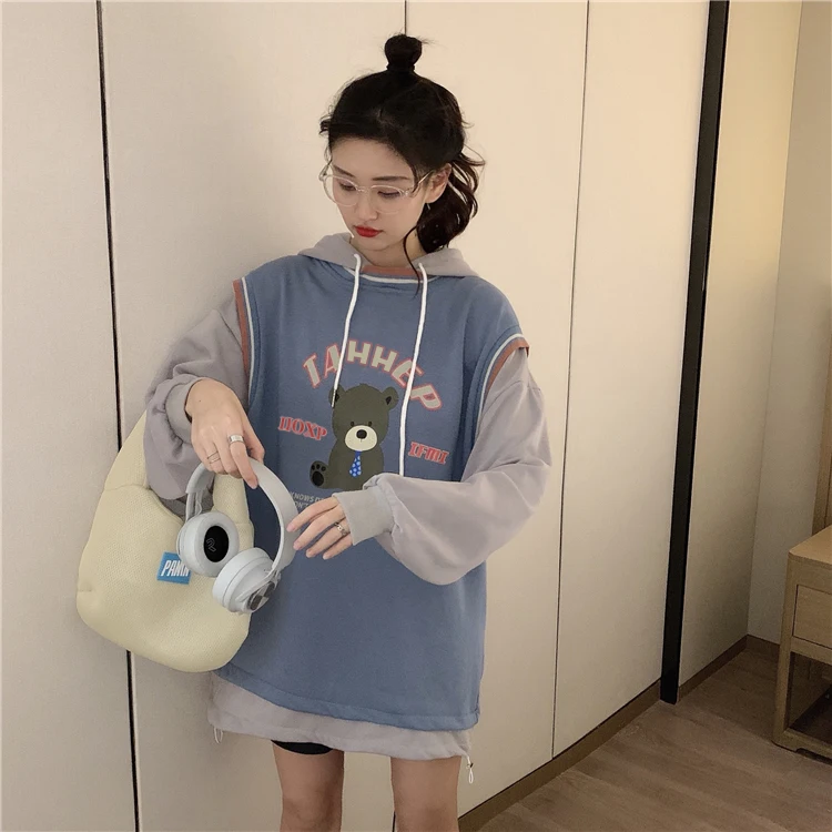 

New Autumn Kawaii Women Sweatshirt Tops Plus Velvet Thick Fake Two-piece Pullover Female Cute Cartoon Print Hoodie Mujer